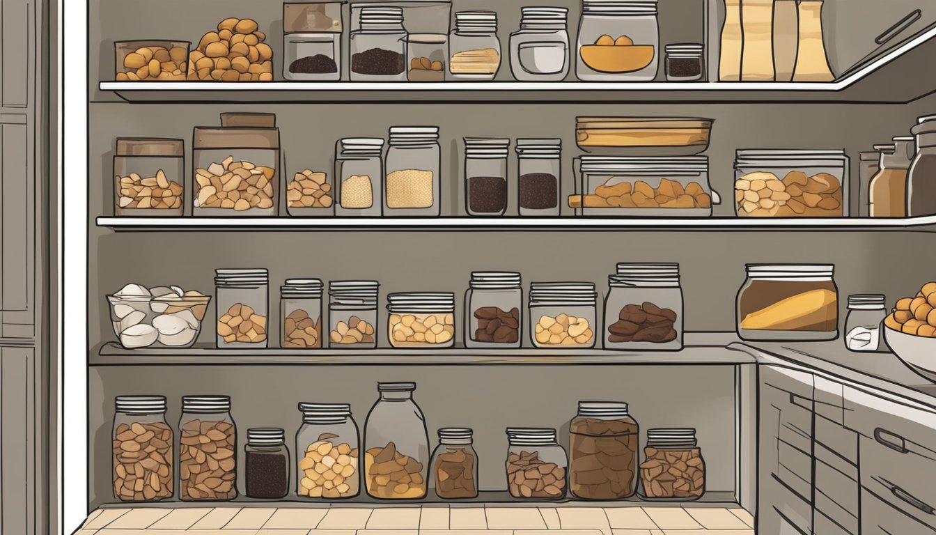 A kitchen pantry with neatly organized shelves displaying jars of Bertolli chicken marsala and roasted redskin potatoes