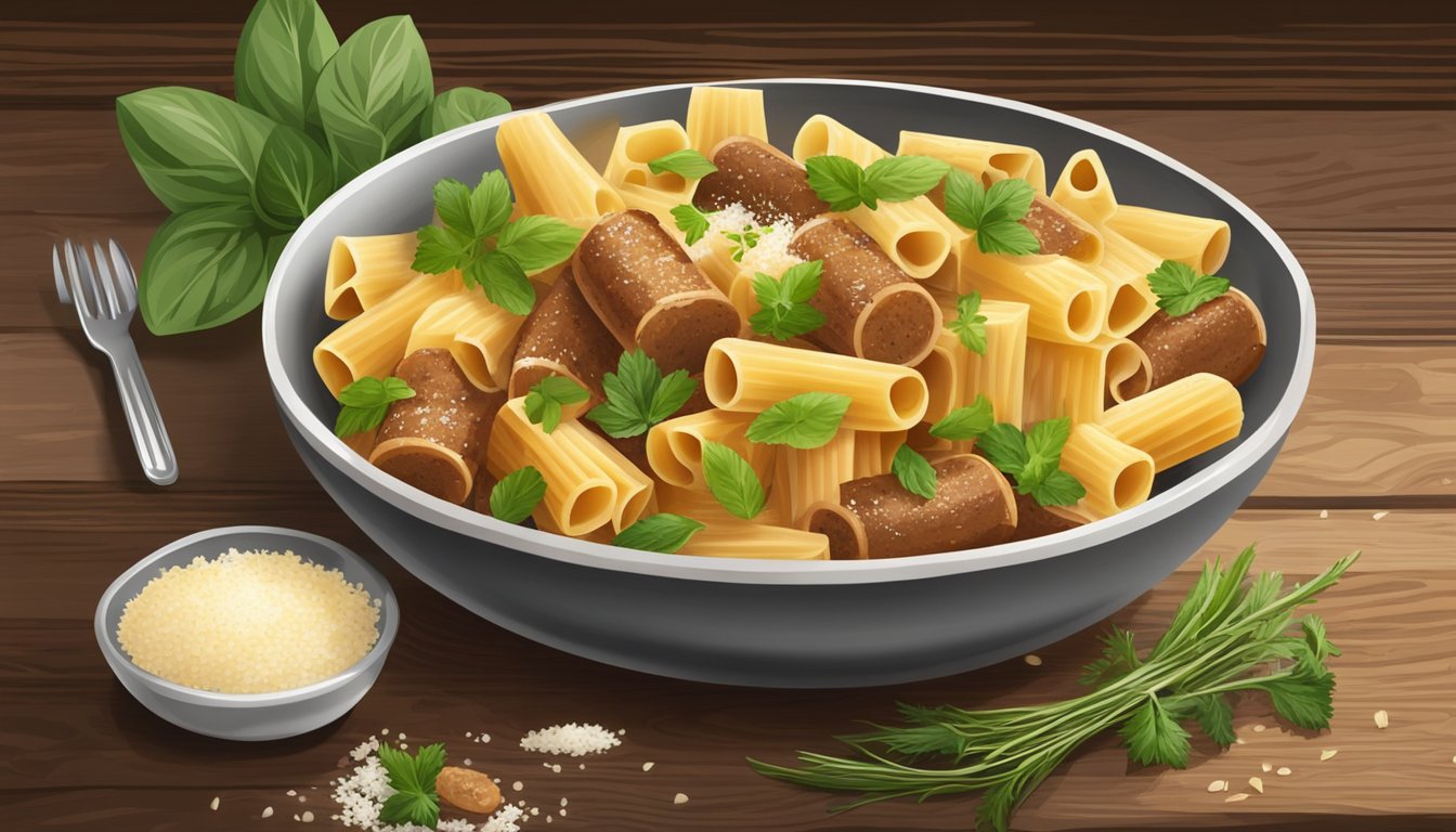 A steaming bowl of Italian sausage rigatoni sits on a rustic wooden table, surrounded by fresh herbs and grated parmesan cheese. A fork rests on the edge of the bowl