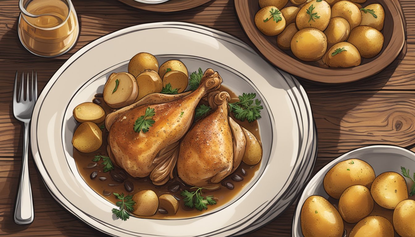 A plate of Bertolli chicken marsala with roasted redskin potatoes sits on a rustic wooden table, steam rising from the tender chicken and golden potatoes