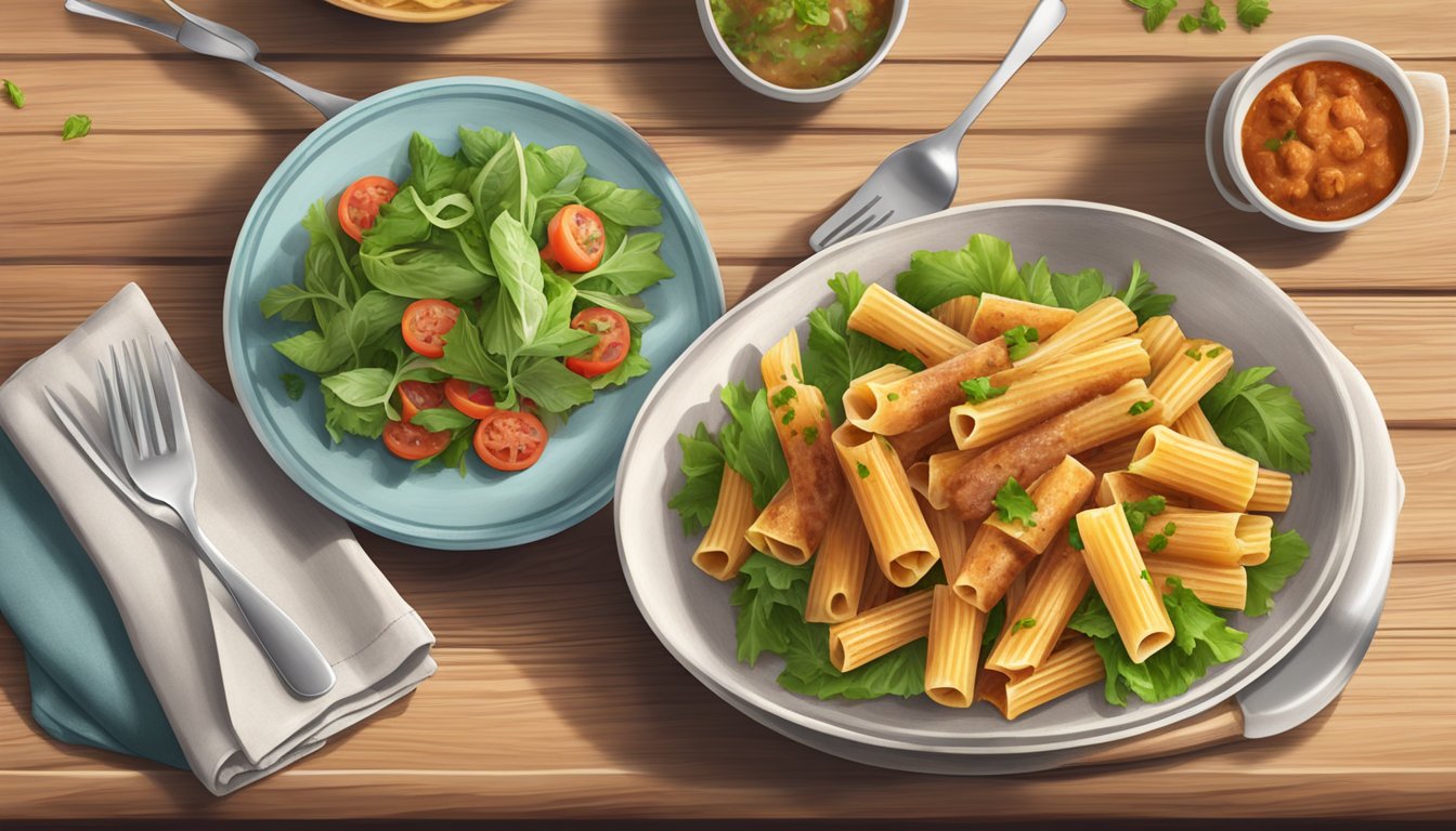 A steaming plate of Bertolli Italian sausage rigatoni with a side of fresh salad, placed on a rustic wooden table