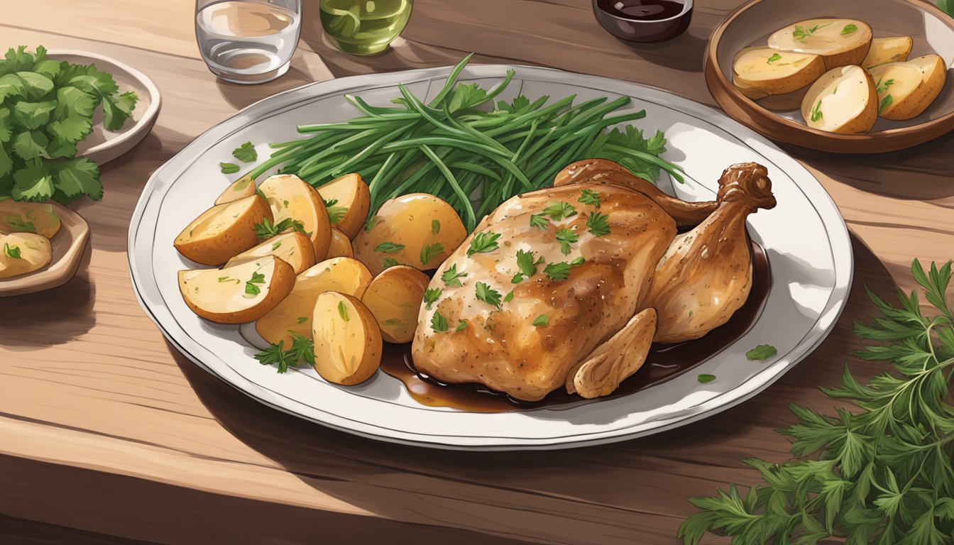 A plate of Bertolli chicken marsala with roasted redskin potatoes sits on a wooden table, surrounded by fresh herbs and a glass of wine