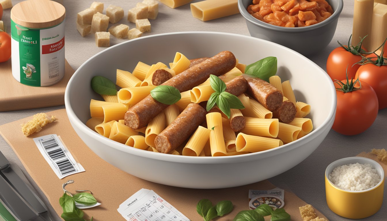 A bowl of Bertolli Italian sausage rigatoni with allergen and warning labels, surrounded by fresh ingredients and a calendar showing the expiration date