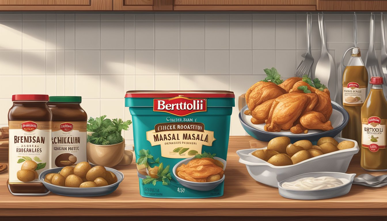 A sealed Bertolli chicken marsala with roasted redskin potatoes on a kitchen shelf, surrounded by other food items with varying expiration dates