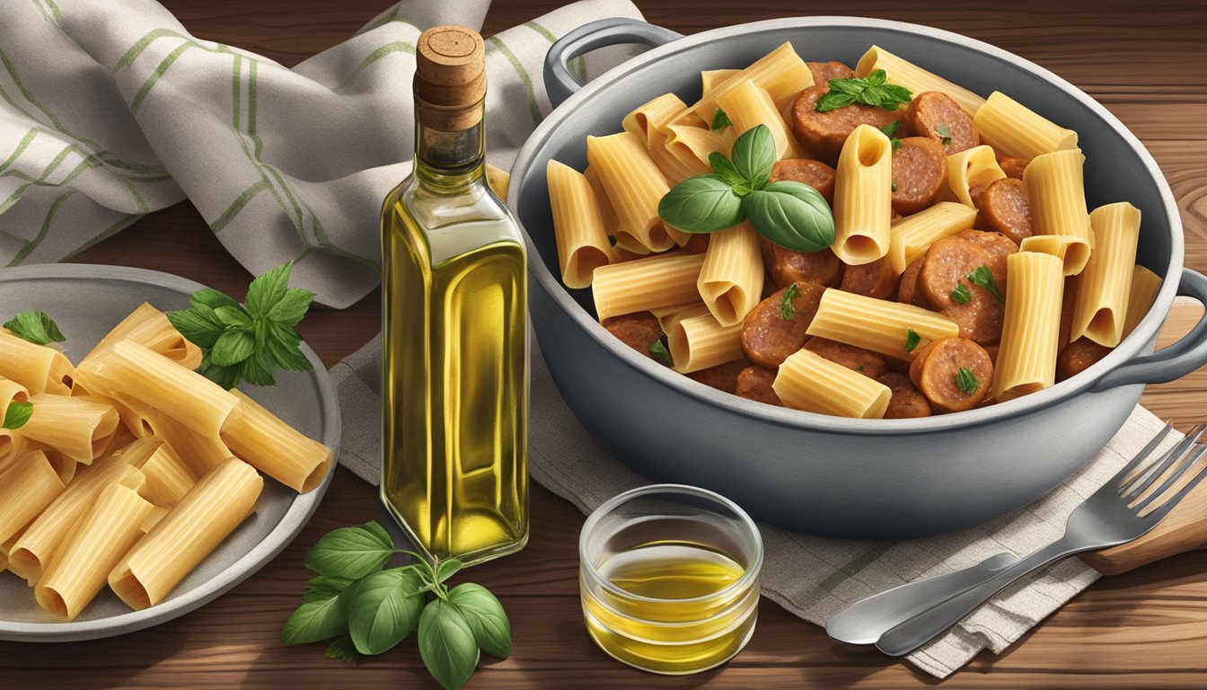 A steaming bowl of Italian sausage rigatoni sits on a rustic wooden table, surrounded by fresh herbs and a bottle of Bertolli olive oil