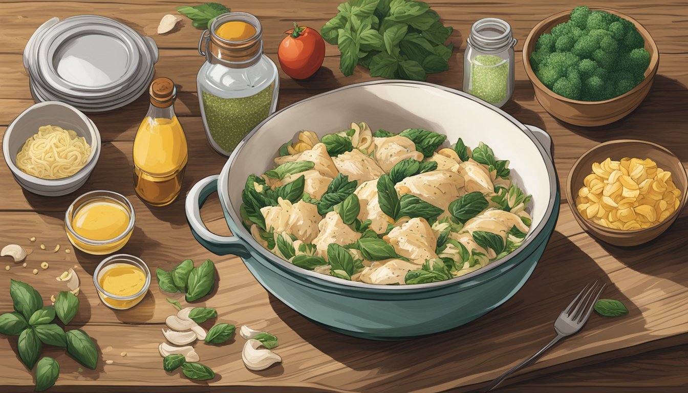 A steaming bowl of Chicken Florentine Farfalle sits on a rustic wooden table, surrounded by fresh ingredients and a jar of Bertolli sauce