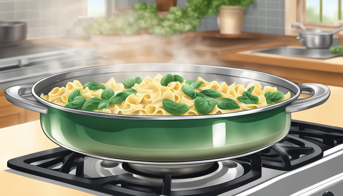 A pot of boiling farfalle pasta with a creamy chicken and spinach sauce simmering on the stove