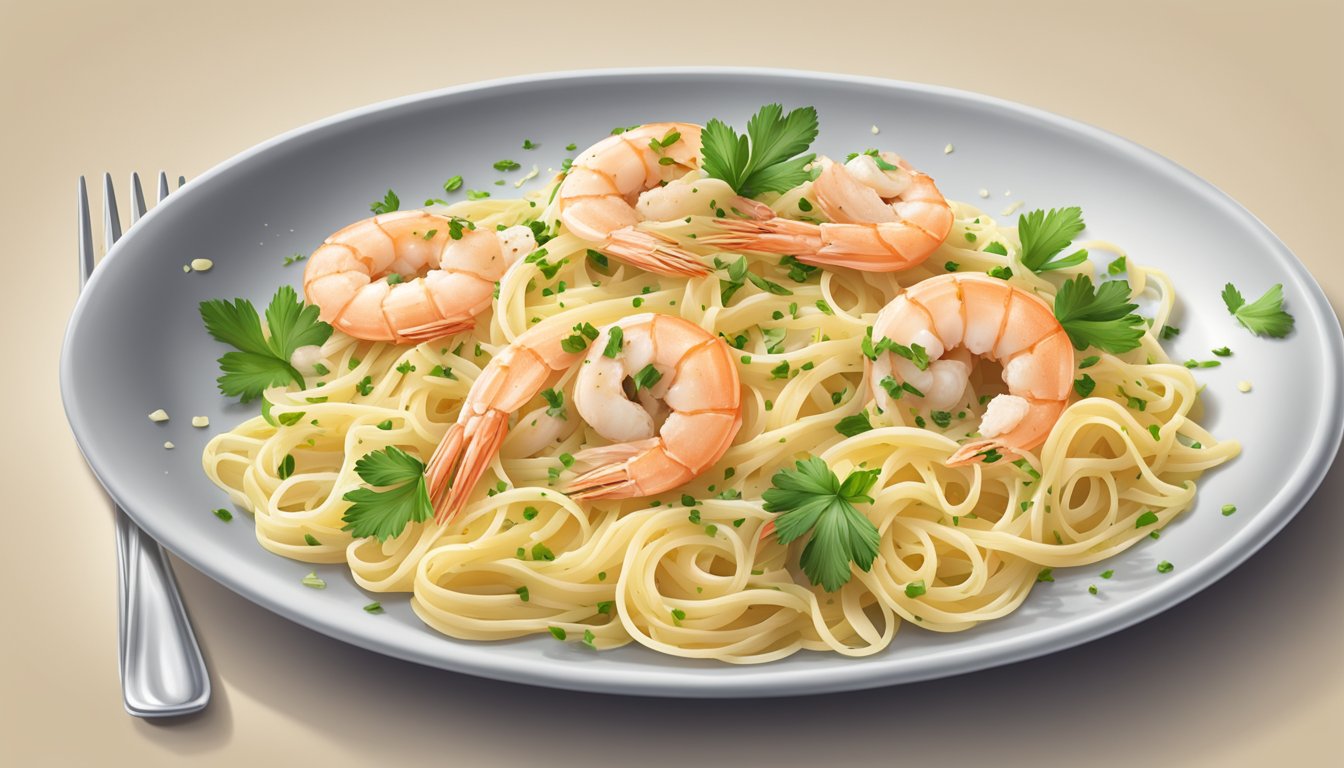 A steaming plate of Bertolli Shrimp Scampi Linguine with succulent shrimp and al dente linguine, garnished with fresh parsley and grated Parmesan cheese