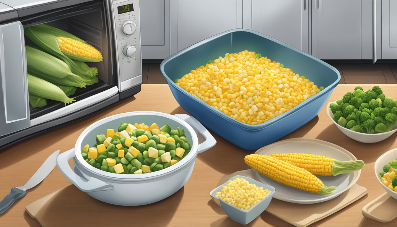 A bag of Birds Eye Steamfresh Super Sweet Corn sitting on a kitchen counter, surrounded by other frozen vegetables and a microwave