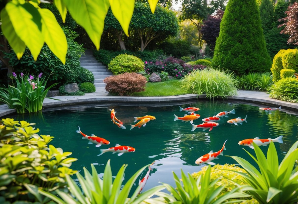 A serene koi pond surrounded by lush greenery and colorful fish swimming gracefully in the clear water