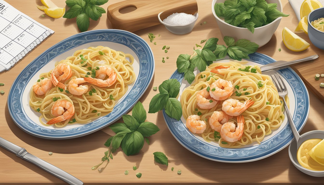 A plate of Bertolli shrimp scampi linguine sits on a kitchen counter, surrounded by ingredients and a calendar showing the current date