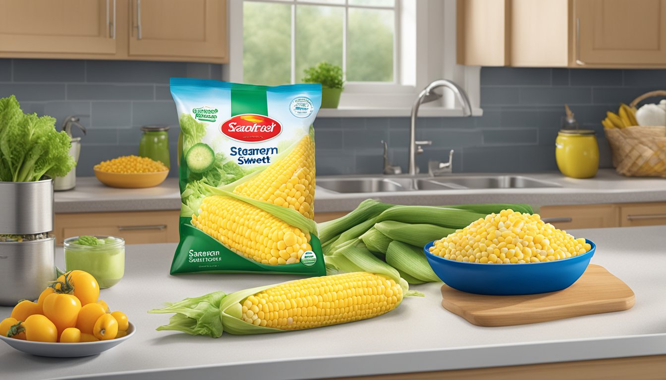 A bag of Birds Eye Steamfresh super sweet corn sits on a kitchen counter, surrounded by other frozen vegetables