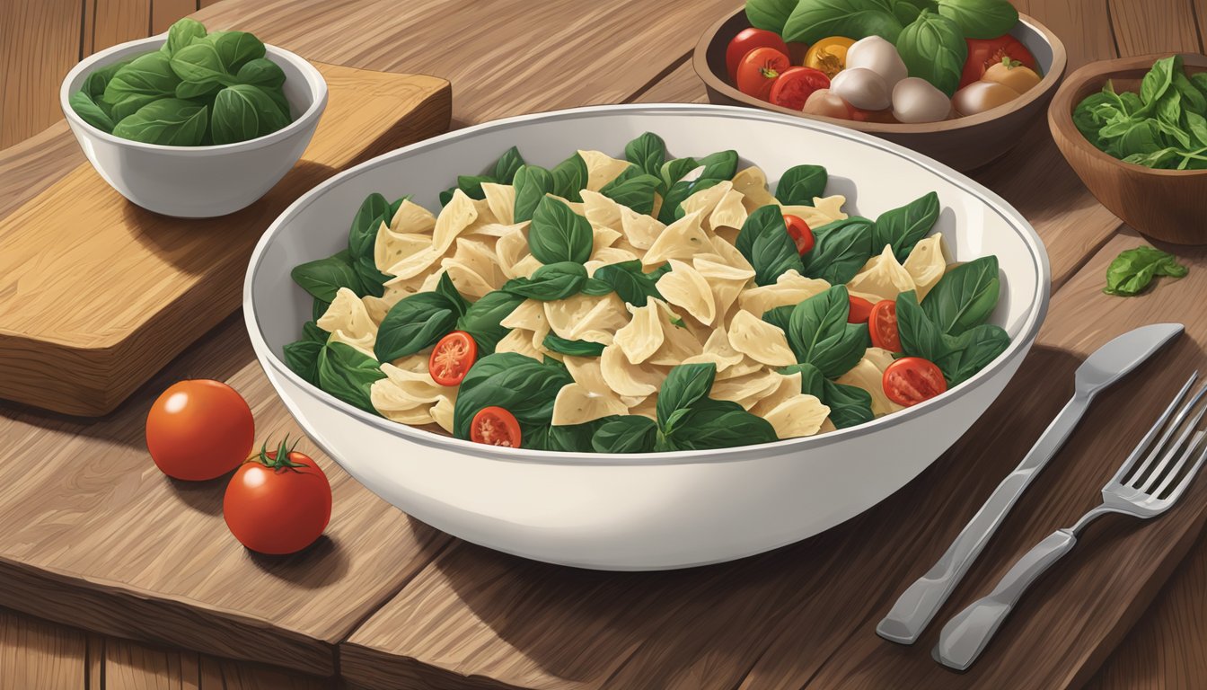 A bowl of Bertolli chicken florentine farfalle sits on a rustic wooden table, surrounded by fresh ingredients like spinach, tomatoes, and herbs