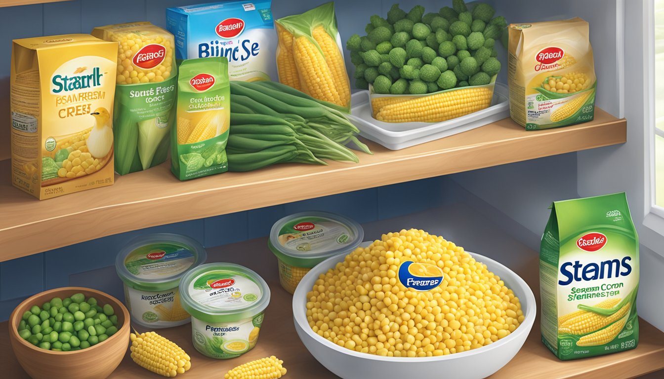 A bag of Birds Eye Steamfresh Super Sweet Corn sits on a clean, organized pantry shelf, with other frozen vegetables nearby