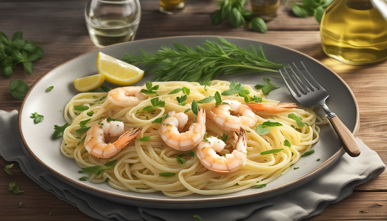 A steaming plate of shrimp scampi linguine sits on a rustic wooden table, surrounded by fresh herbs and a bottle of Bertolli olive oil