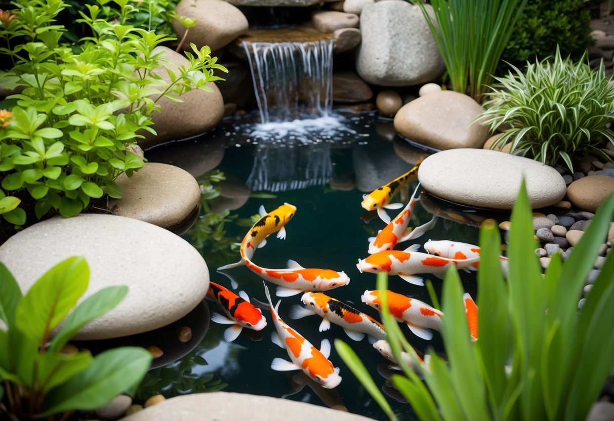 A serene koi pond with lush aquatic plants, smooth stones, a gentle waterfall, and colorful koi fish swimming gracefully