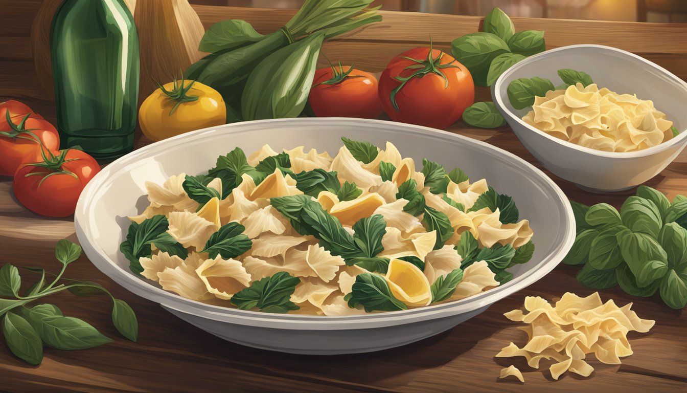 A steaming bowl of Bertolli Chicken Florentine Farfalle sits on a rustic wooden table, surrounded by fresh ingredients and a warm, inviting ambiance