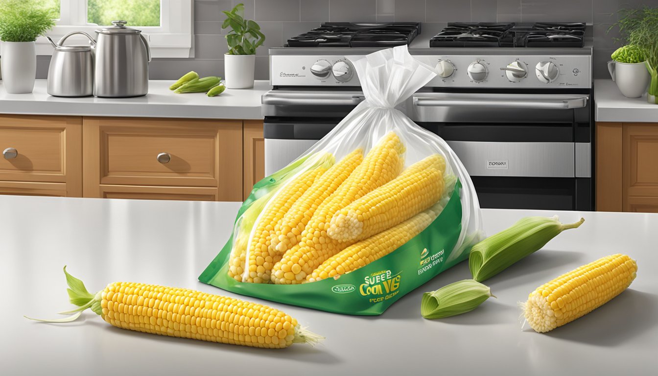 A bag of Birds Eye Steamfresh Super Sweet Corn sits on a kitchen counter, with a timer set for the recommended cooking time