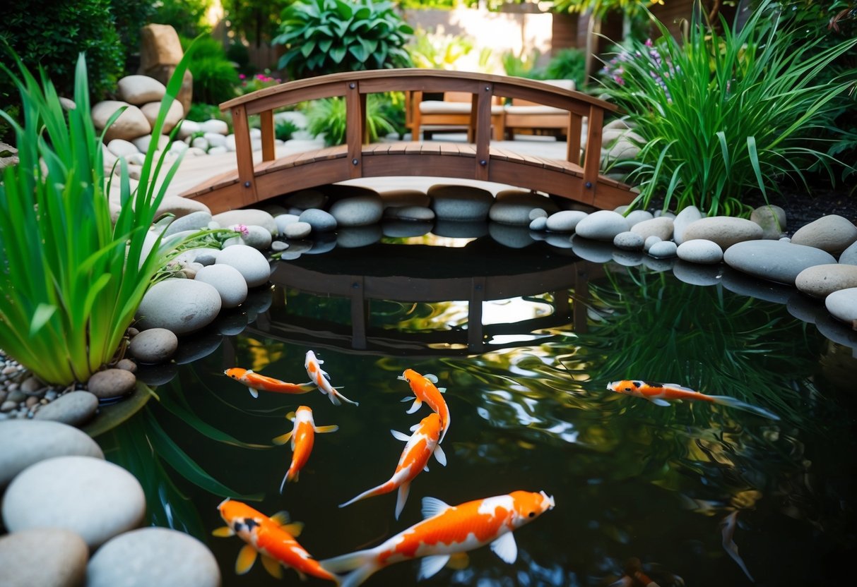 A serene koi pond nestled in a lush garden, surrounded by smooth stones and vibrant aquatic plants. A wooden bridge spans the water, leading to a tranquil seating area