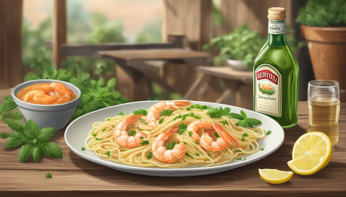 A steaming plate of shrimp scampi linguine sits on a rustic wooden table, surrounded by fresh herbs and a half-empty bottle of Bertolli sauce