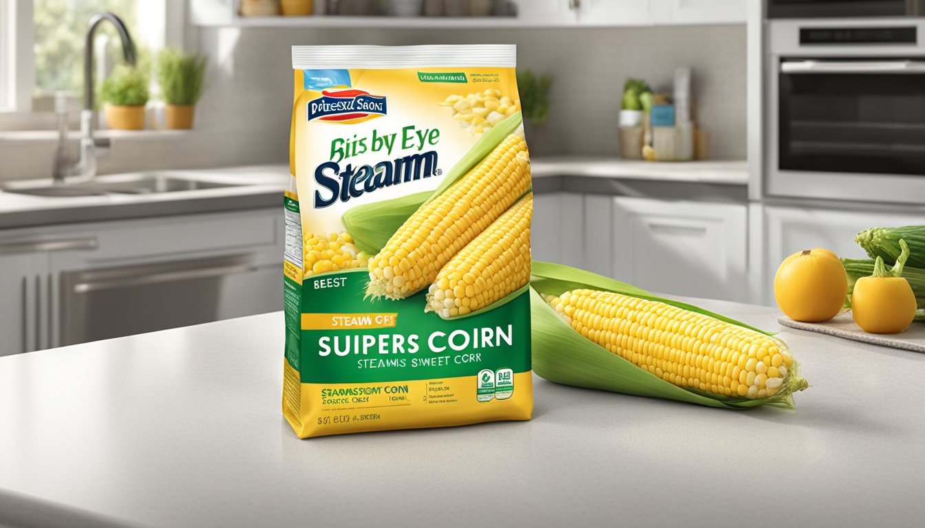 A bag of Birds Eye Steamfresh super sweet corn sits on a kitchen counter, with a "best by" date clearly displayed