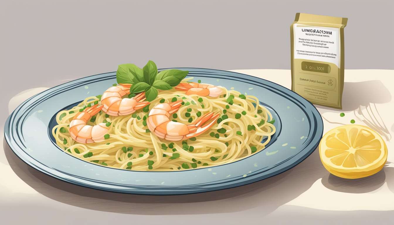 A steaming plate of shrimp scampi linguine with a label showing expiration date