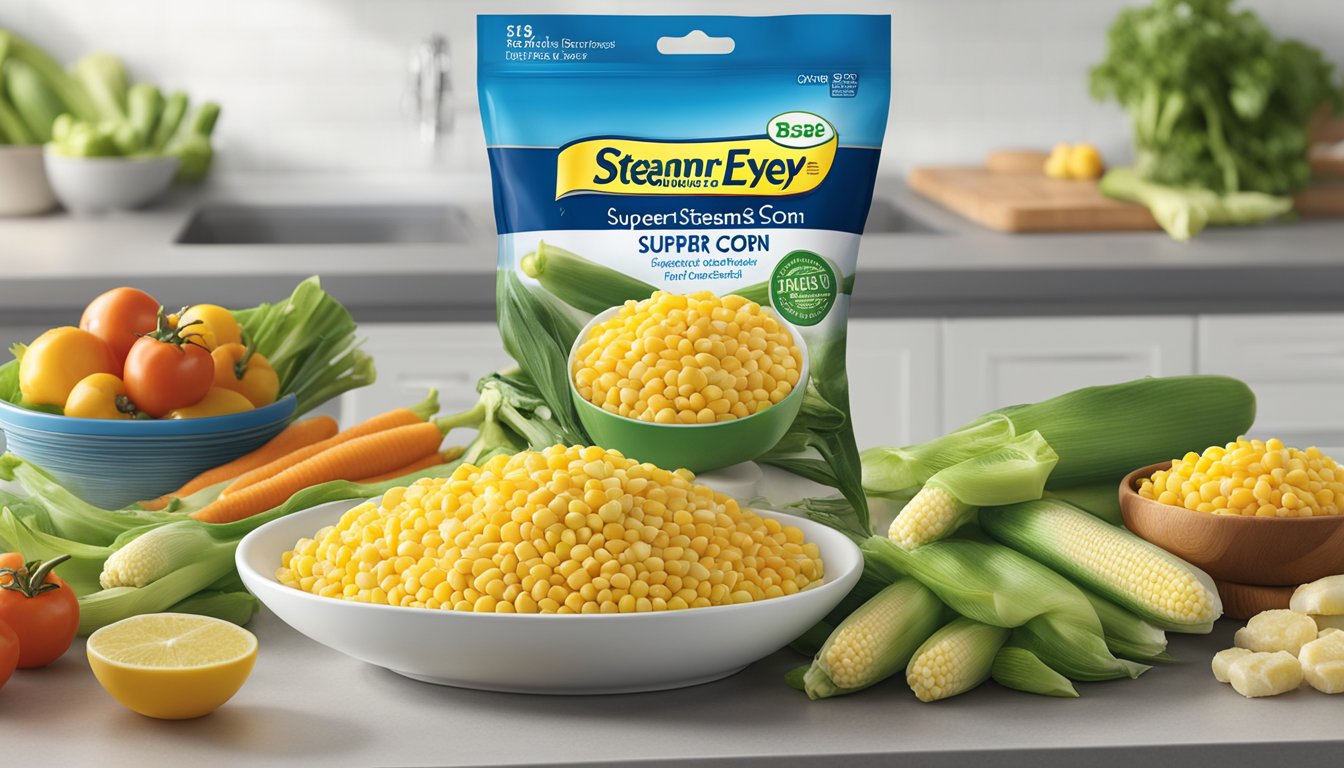 A bag of Birds Eye Steamfresh Super Sweet Corn sits on a kitchen counter, surrounded by other frozen vegetables. The packaging prominently displays the product details and expiration date