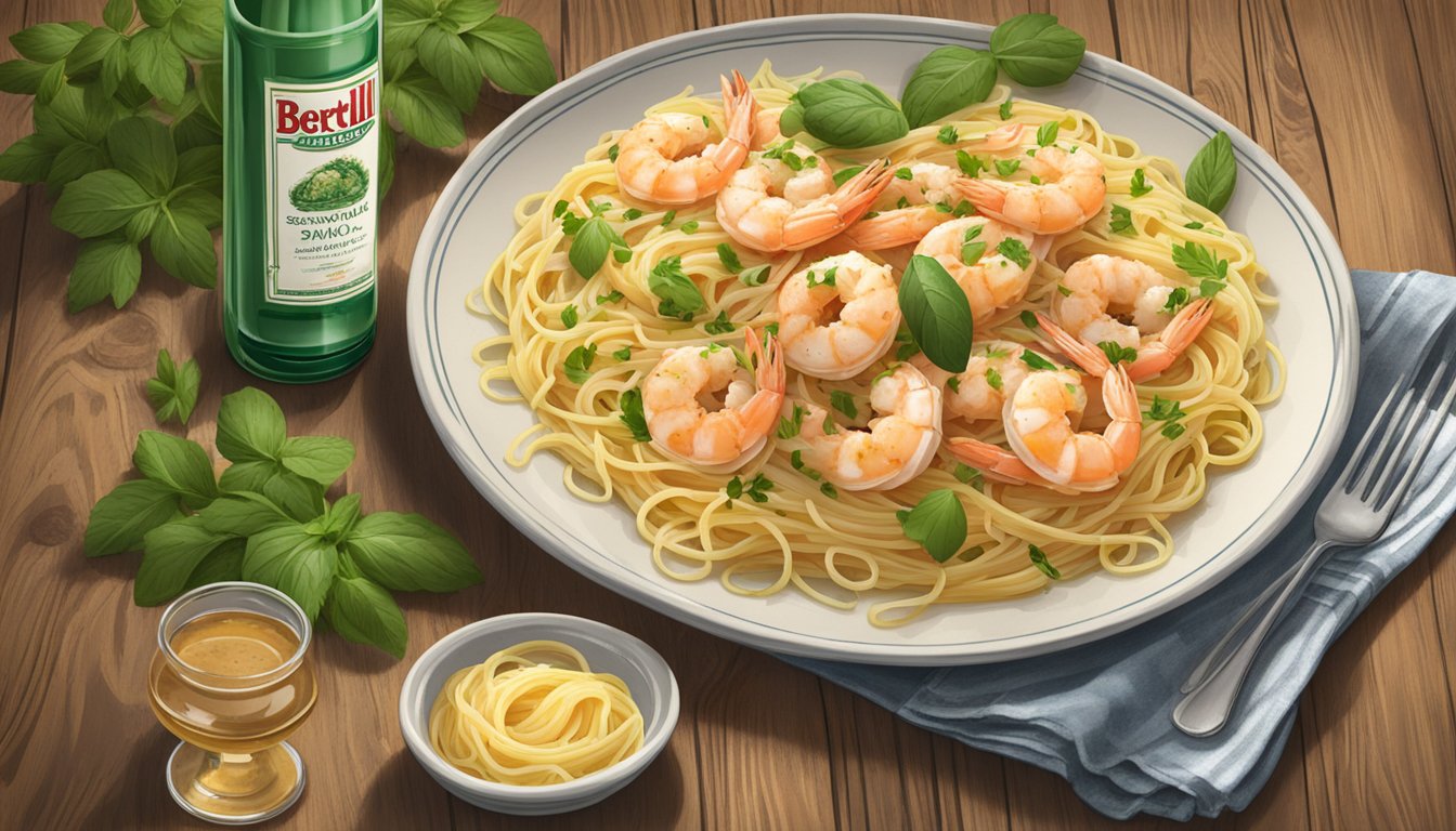 A steaming plate of shrimp scampi linguine sits on a rustic wooden table, surrounded by fresh herbs and a bottle of Bertolli sauce