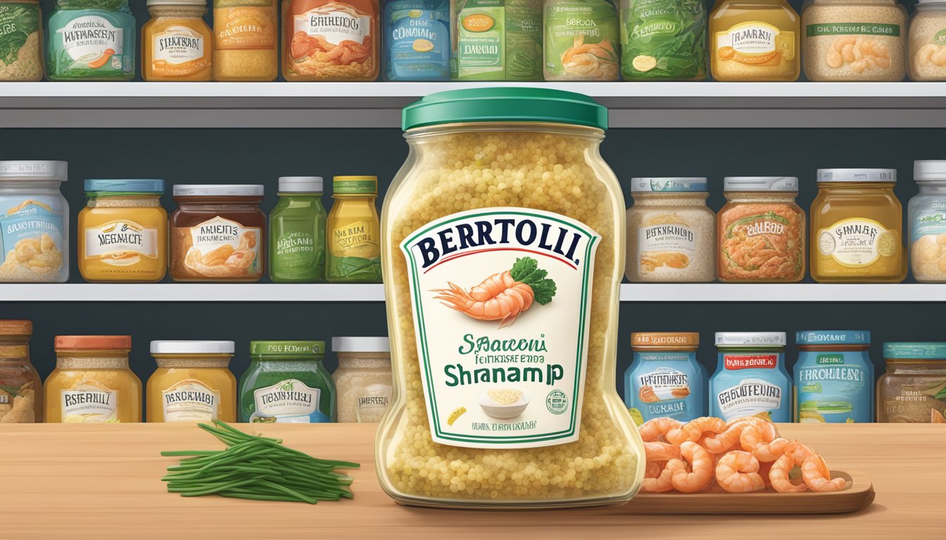 A jar of Bertolli shrimp scampi sits on a kitchen shelf, surrounded by other pantry items. The label is facing outward, and the jar is unopened