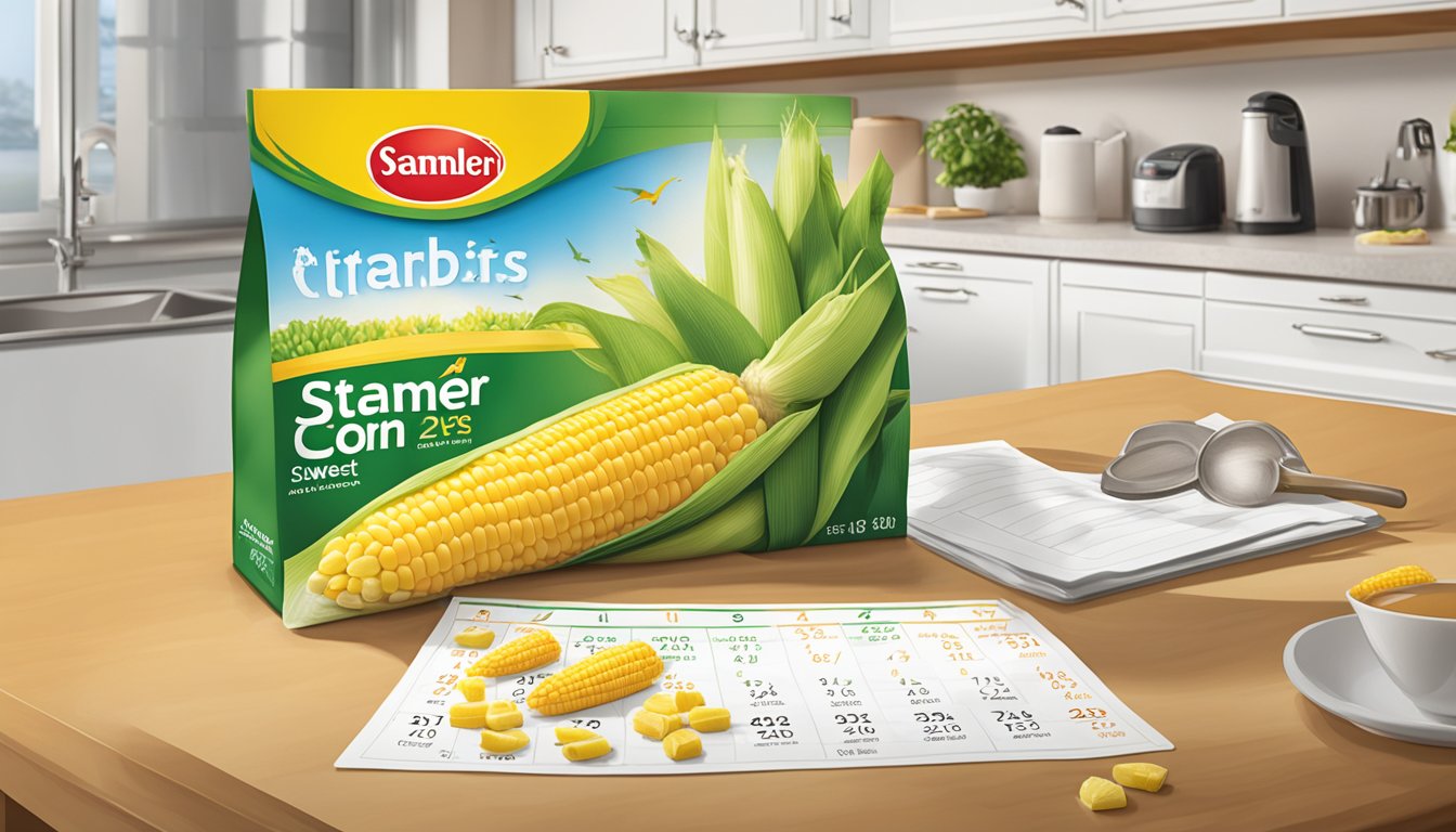 A bag of Birds Eye Steamfresh Super Sweet Corn sits on a kitchen counter next to a calendar showing the current date