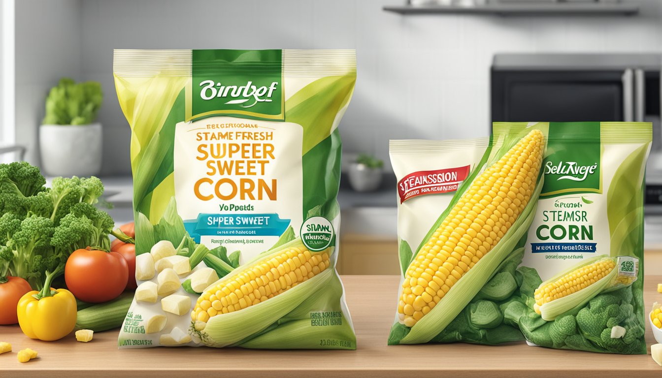 A bag of Birds Eye Steamfresh Super Sweet Corn sits on a kitchen counter, surrounded by other frozen vegetables