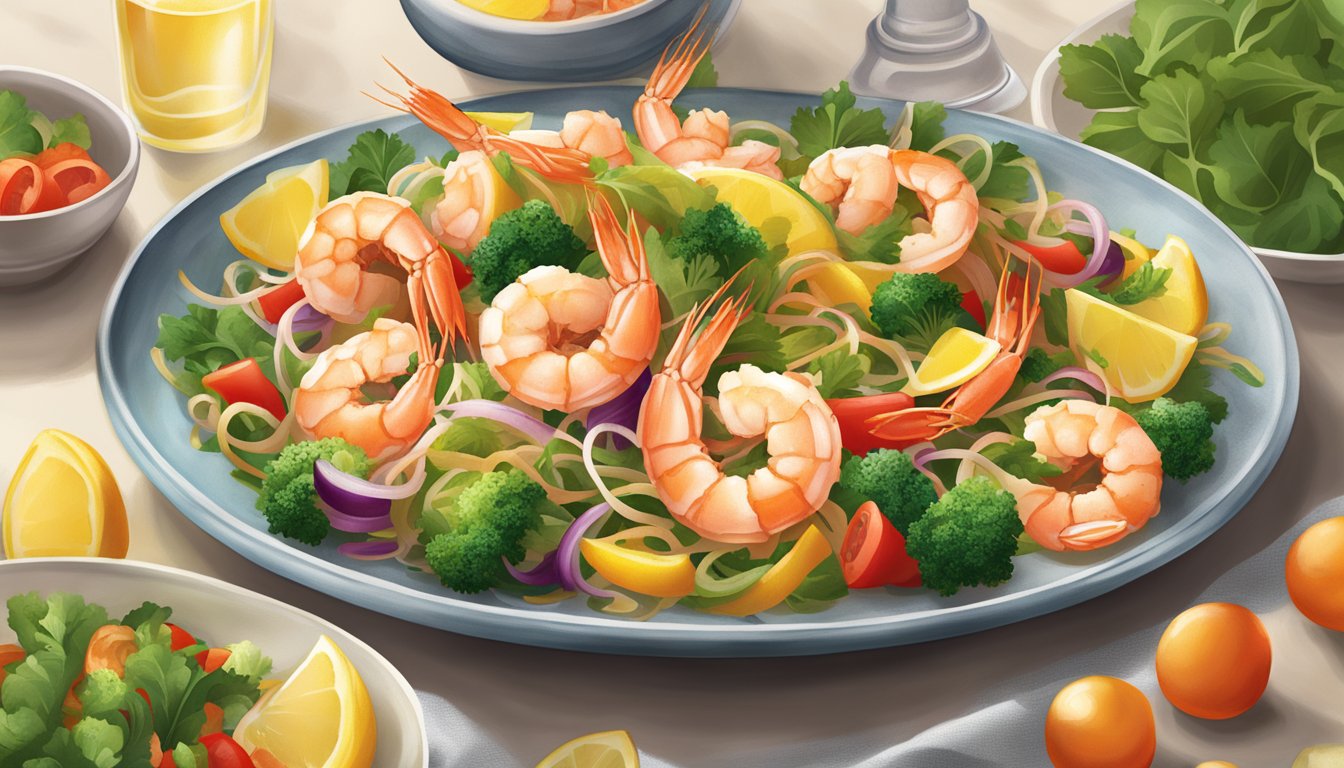 A steaming plate of Bertolli shrimp scampi with vibrant, fresh-looking shrimp and colorful, crisp vegetables