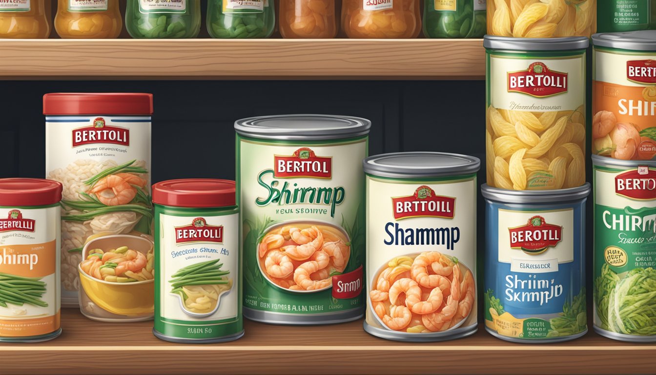 A jar of Bertolli shrimp scampi sits on a shelf next to other canned and jarred goods in a pantry. The jar is properly sealed and labeled with the expiration date