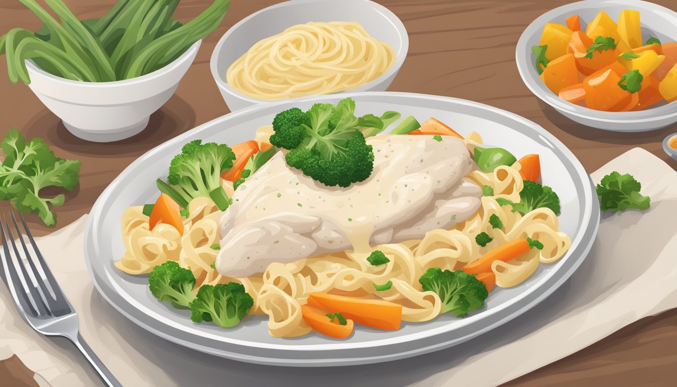 A steaming Birds Eye Voila Chicken Alfredo dish on a dinner table with colorful vegetables and creamy sauce