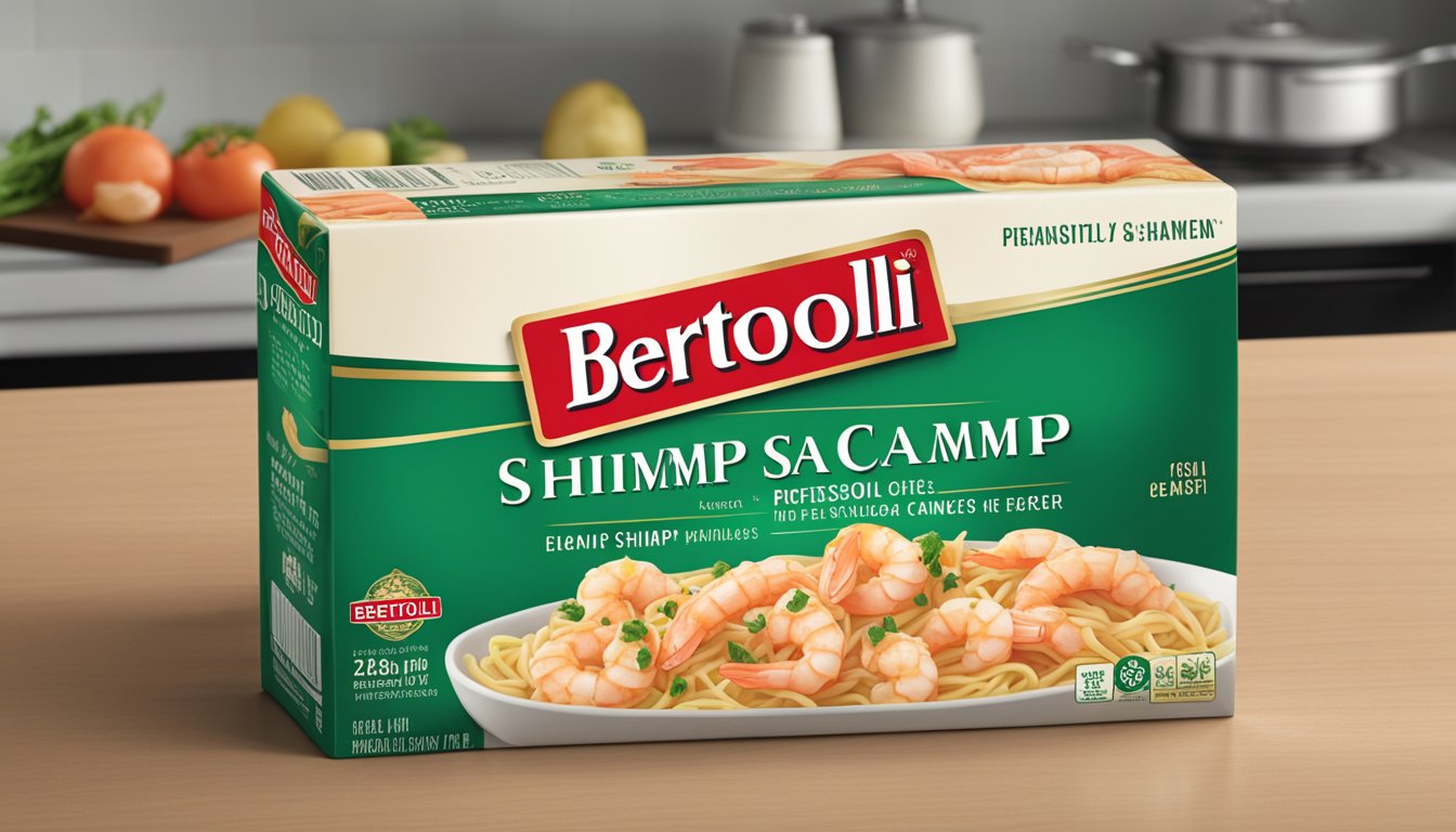 A package of Bertolli shrimp scampi sits unopened on a kitchen counter, with a visible expiration date on the packaging