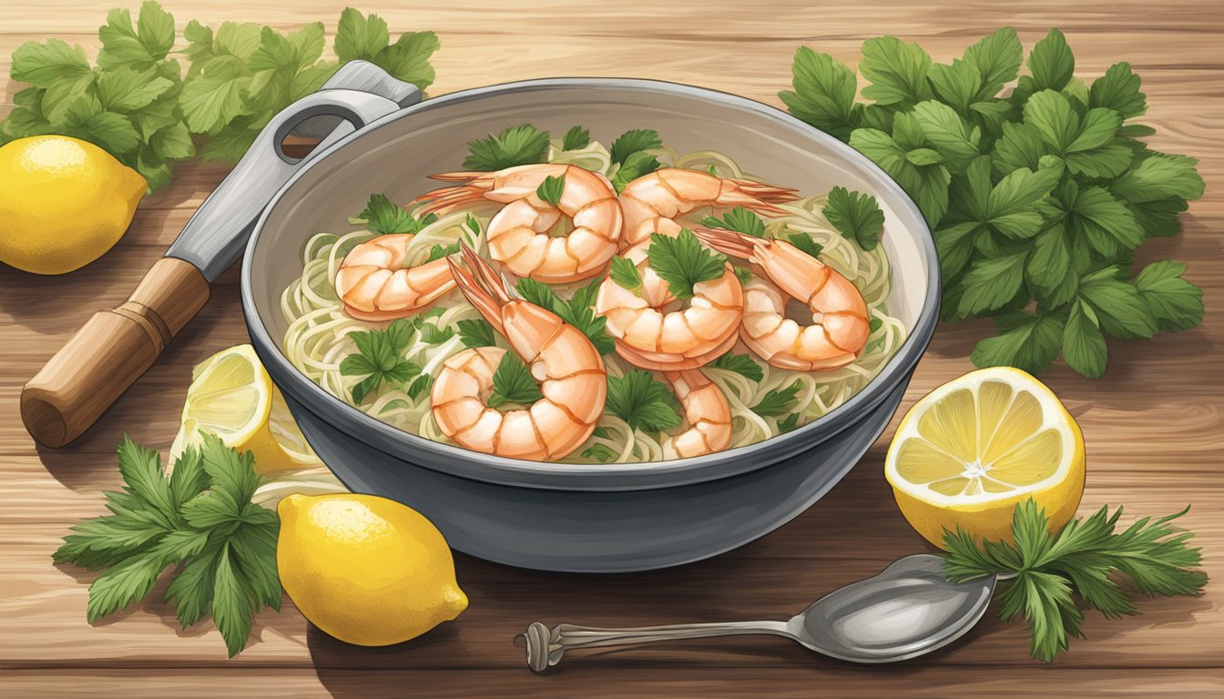 A steaming bowl of Bertolli shrimp scampi sits on a rustic wooden table, surrounded by fresh herbs and lemon wedges