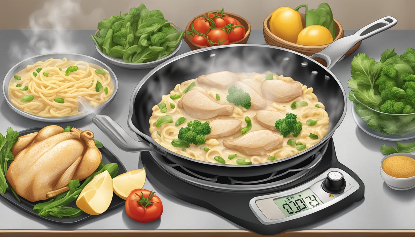 A steaming skillet of Birds Eye Voila Chicken Alfredo sizzling on the stove, surrounded by fresh ingredients and a timer set for the recommended cooking time