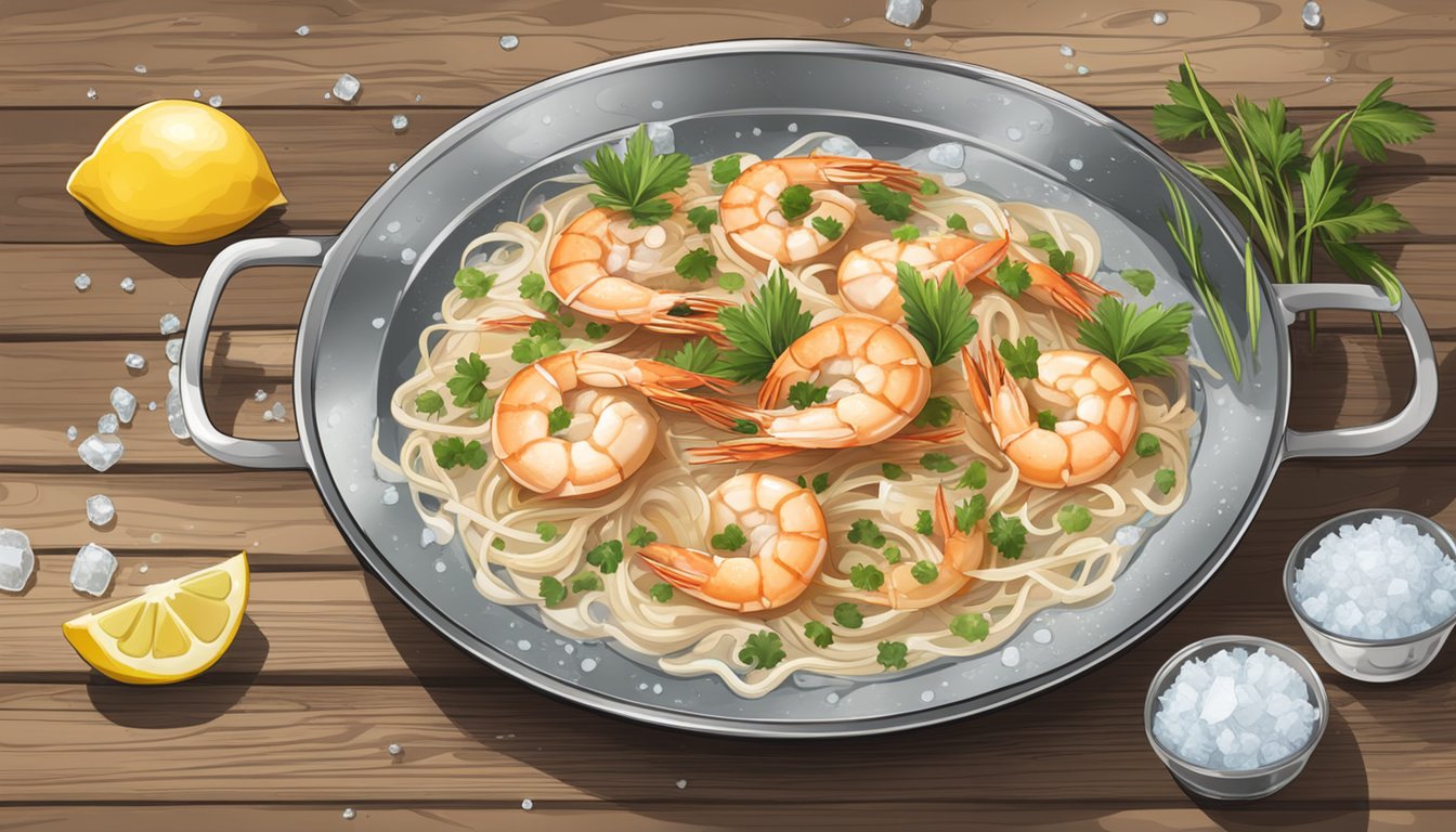 A steaming dish of shrimp scampi sits on a rustic wooden table, surrounded by melting ice and thawing shrimp