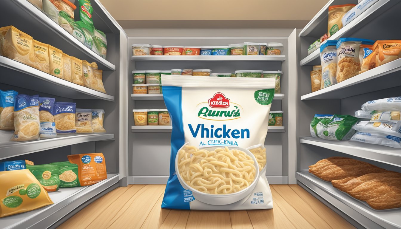 A sealed bag of Birds Eye Voila Chicken Alfredo sits on a pantry shelf, surrounded by other frozen food items