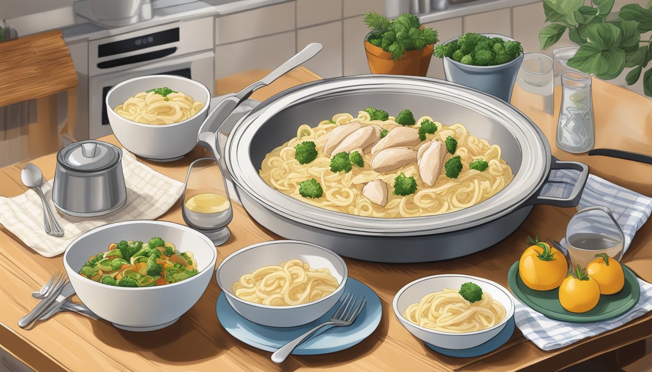 A steaming plate of Birds Eye Voila Chicken Alfredo sits on a kitchen table, surrounded by utensils and a napkin