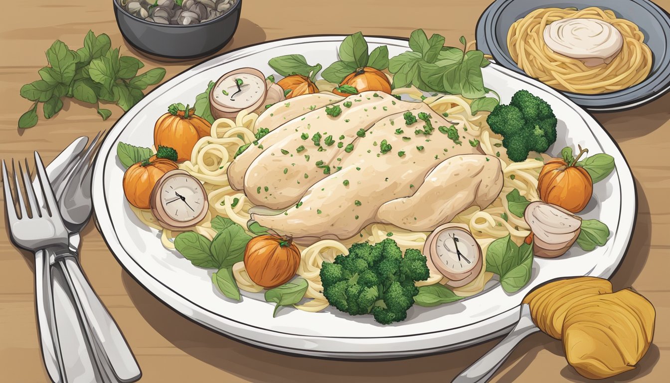 A steaming Birds Eye Voila Chicken Alfredo dish on a dinner table, surrounded by fresh ingredients and a clock showing the time