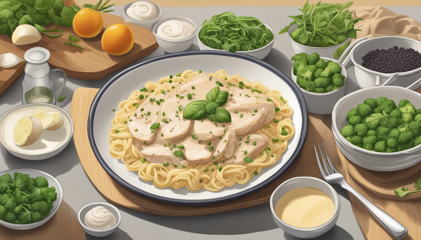 A steaming plate of Birds Eye Voila Chicken Alfredo on a kitchen counter, surrounded by fresh ingredients and utensils