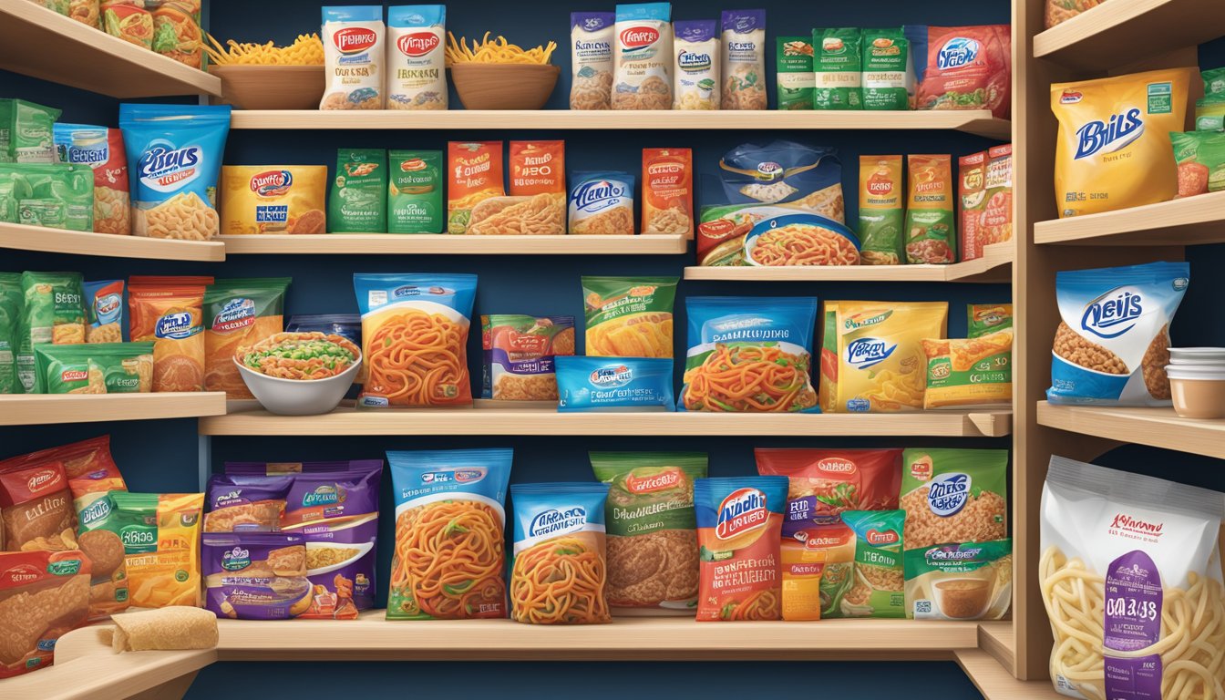 A package of Birds Eye Voila Beef Lo Mein sits on a pantry shelf, surrounded by other frozen food items