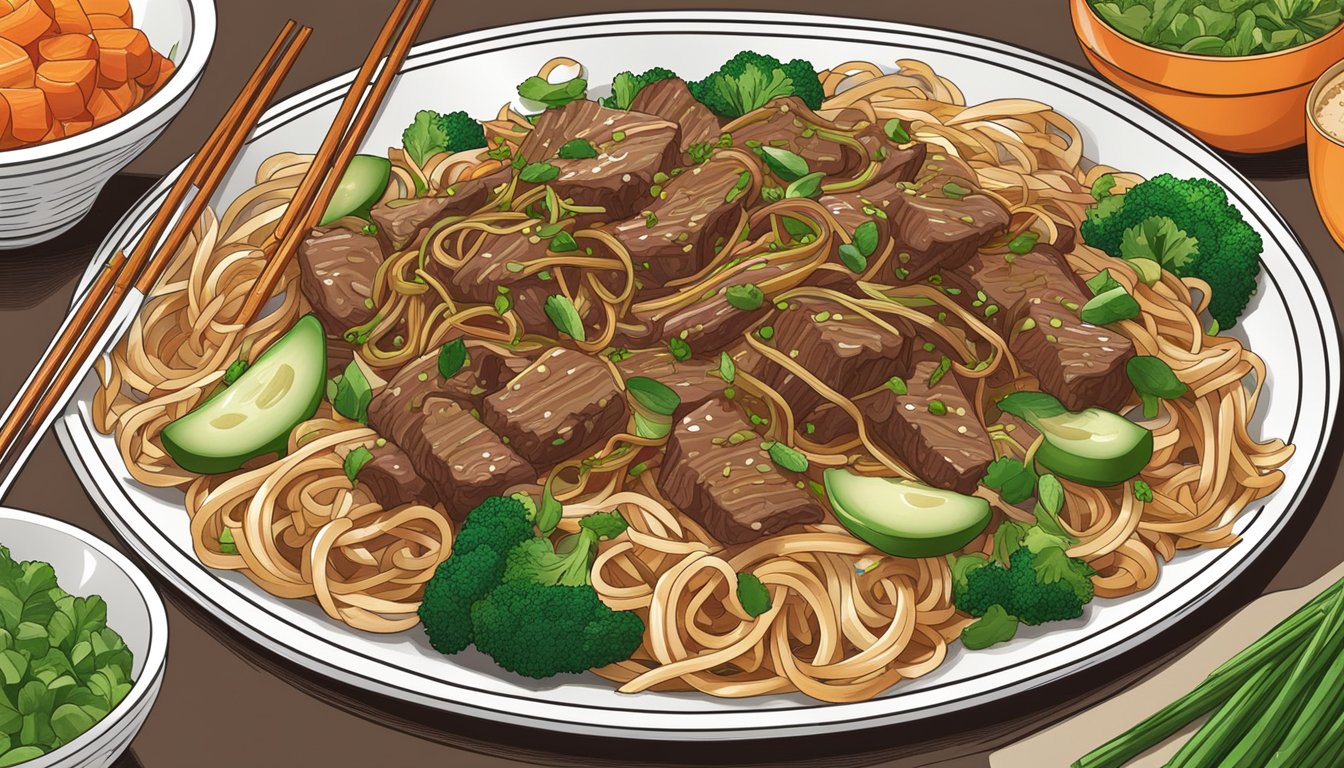 A steaming plate of beef lo mein surrounded by fresh vegetables and savory sauce, ready to be enjoyed