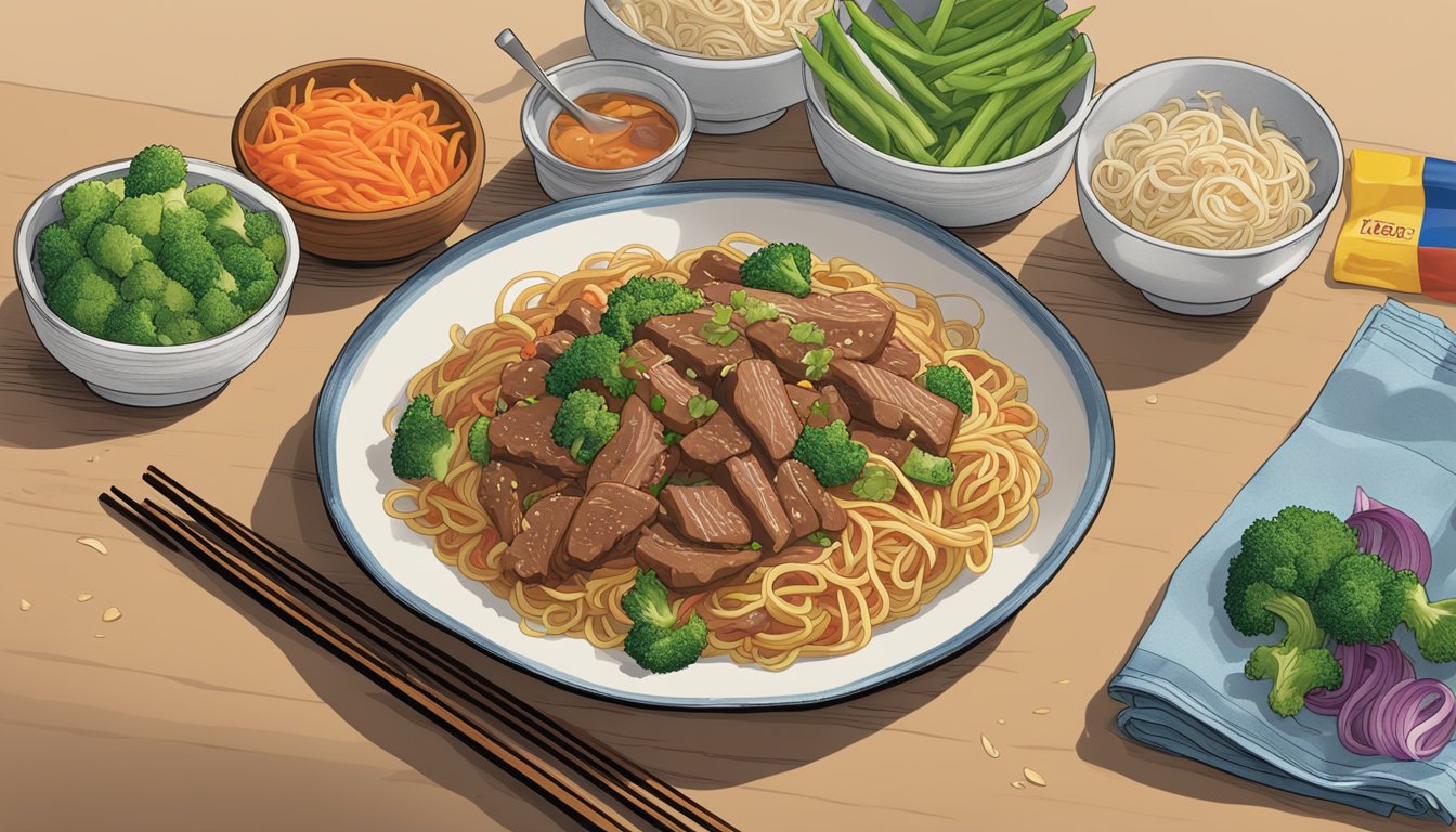 A steaming plate of Birds Eye Voila beef lo mein sits on a kitchen table, surrounded by colorful vegetables and a clear expiration date label