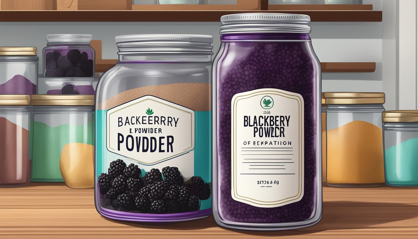 A jar of blackberry powder sits on a kitchen shelf, with a label indicating the expiration date