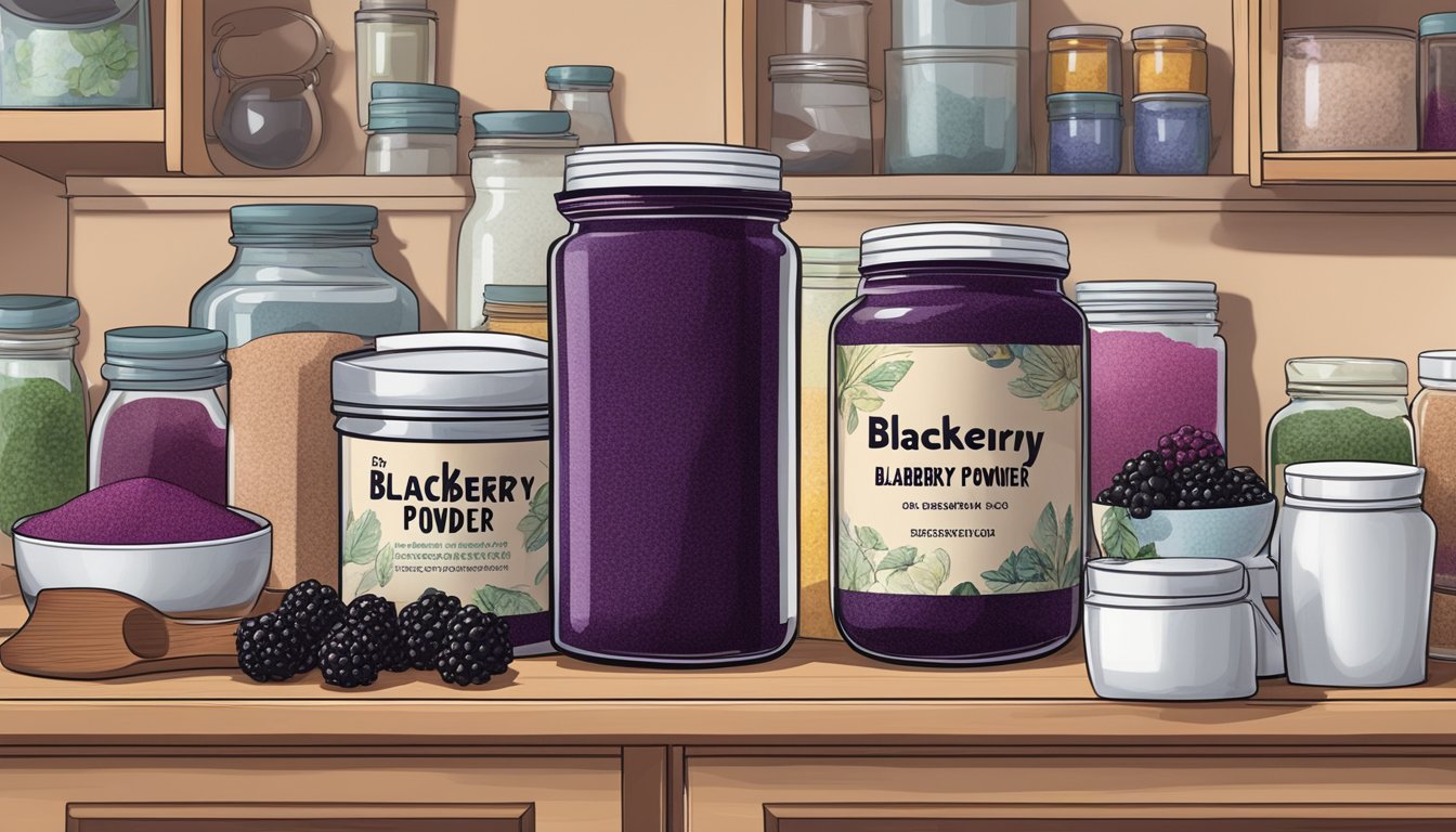 A jar of blackberry powder sits on a shelf, surrounded by various other ingredients and kitchen tools. The expiration date is clearly labeled on the packaging