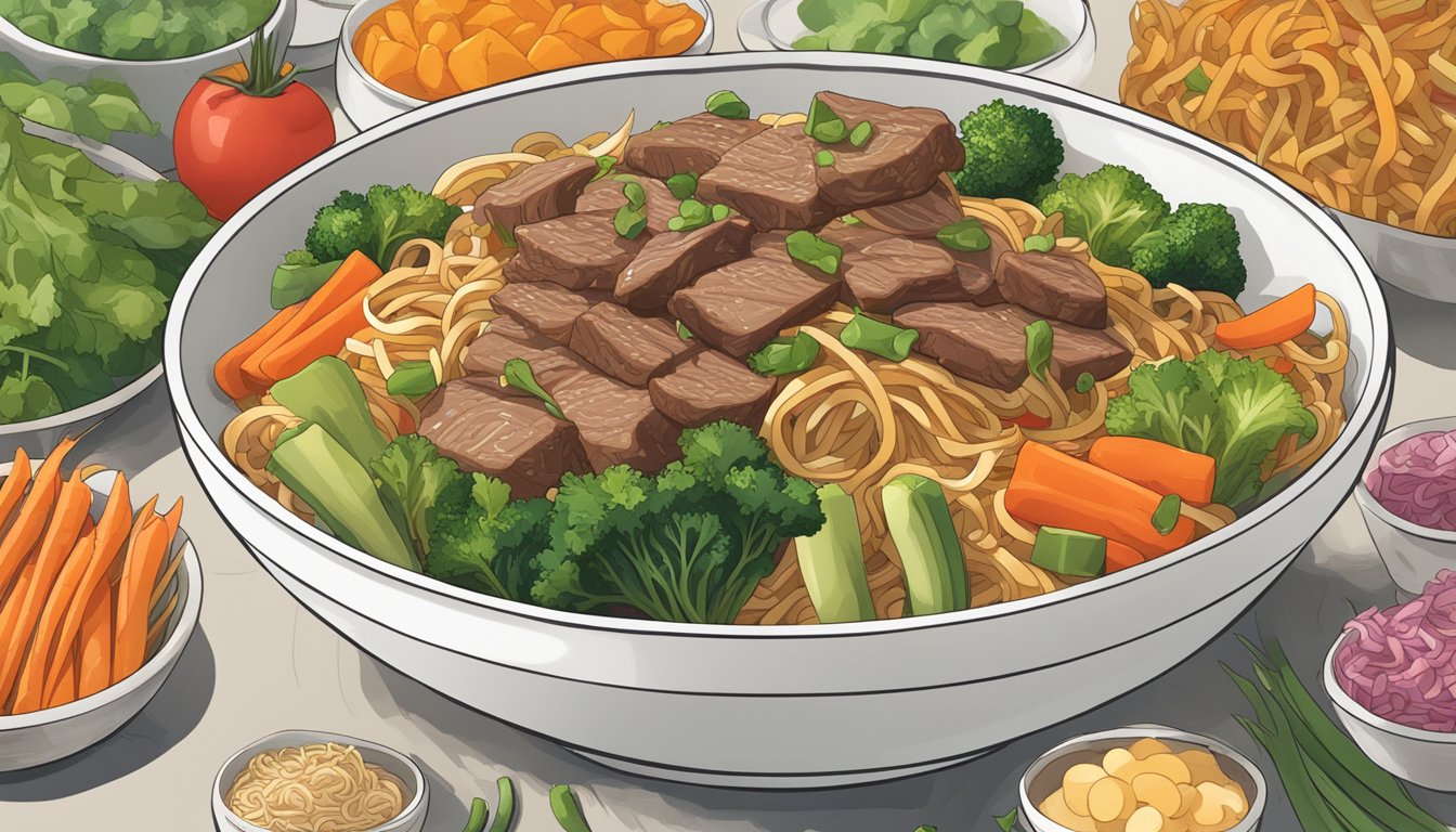 A steaming bowl of beef lo mein surrounded by colorful vegetables and herbs, with a label indicating its nutritional highlights and health benefits