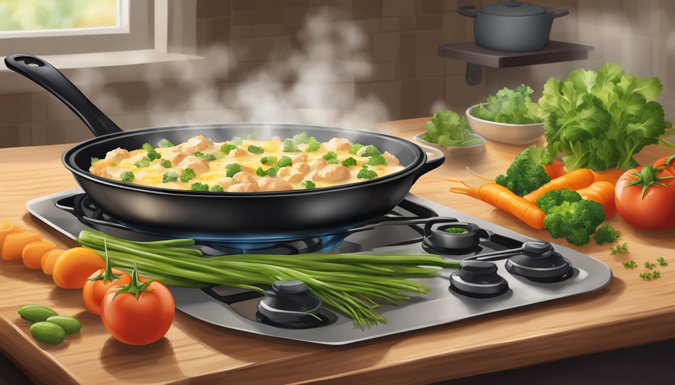 A steaming skillet of Birds Eye Voila Three Cheese Chicken sizzling on the stove, surrounded by fresh vegetables and herbs