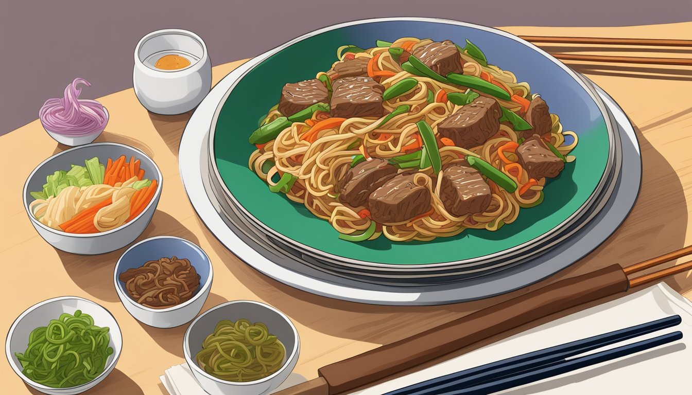 A steaming plate of Birds Eye Voila beef lo mein sits on a kitchen table, surrounded by chopsticks and a colorful napkin