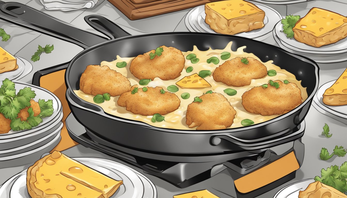 A skillet sizzling with three cheese chicken, steaming and ready to serve